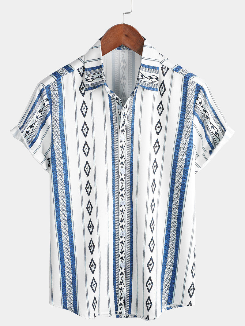 Men's Casual Blue and White Striped Vintage Short Sleeve 70s Retro Aztec Print Button Up Shirt