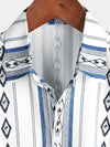 Men's Casual Blue and White Striped Vintage Short Sleeve 70s Retro Aztec Print Button Up Shirt