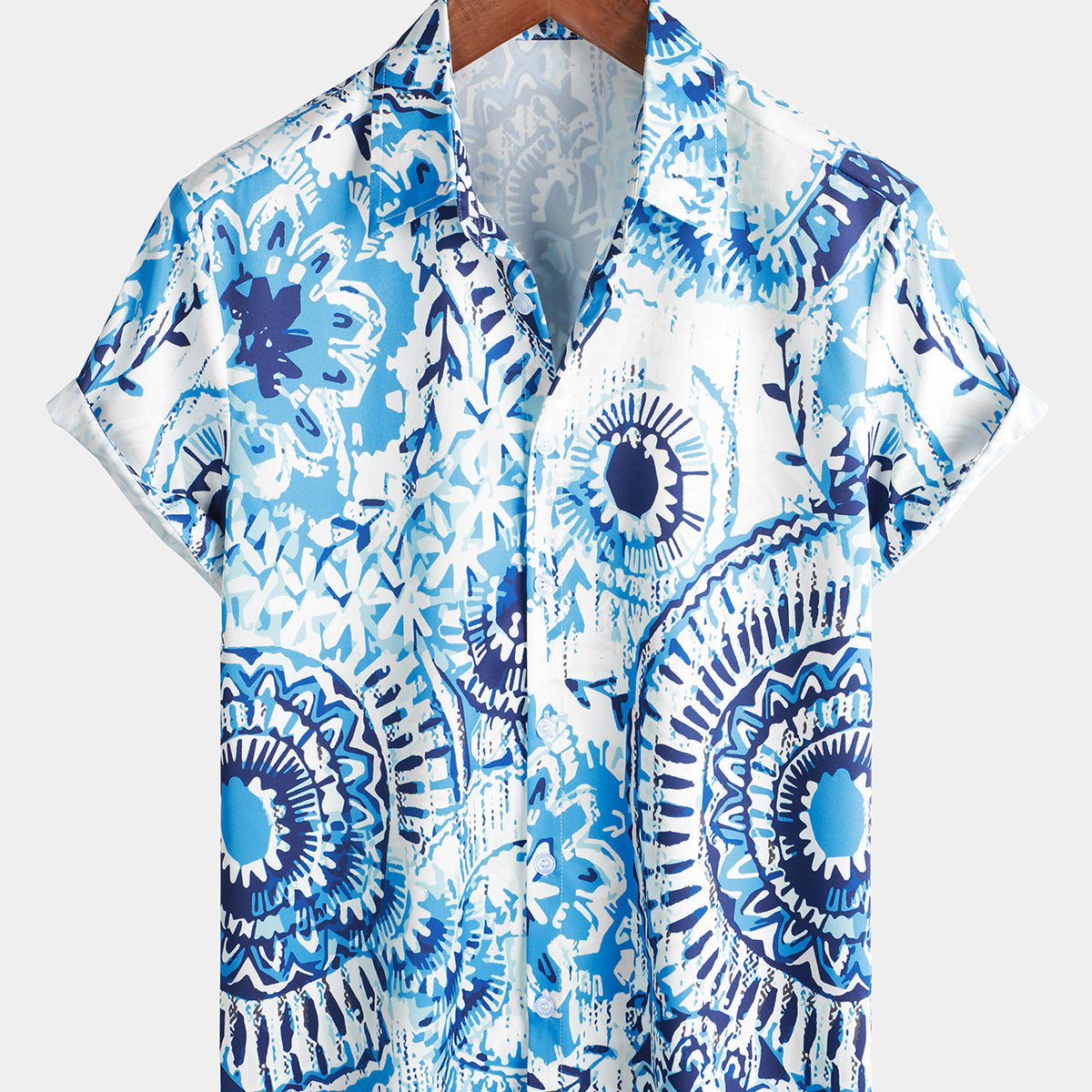 Camisa de manga corta hawaiana azul bohemia de verano con botones de manga corta con estampado floral vintage para hombre