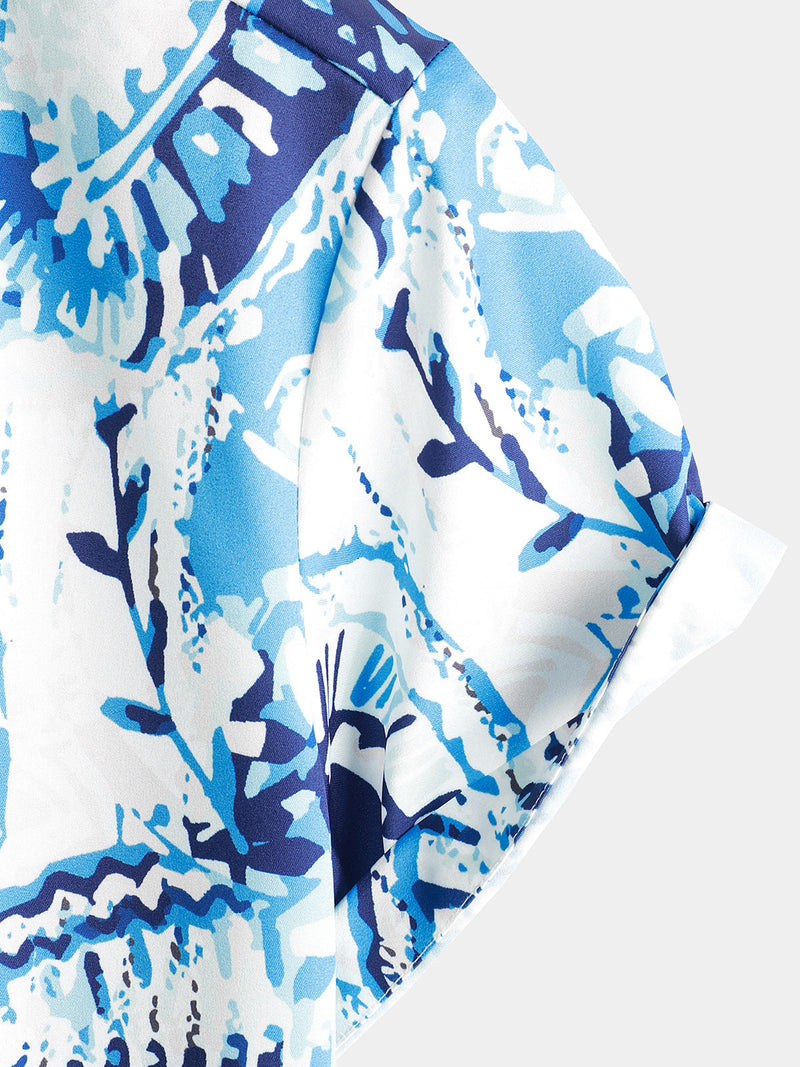 Men's Vintage Floral Print Short Sleeve Button Up Bohemian Summer Blue Hawaiian Short Sleeve Shirt
