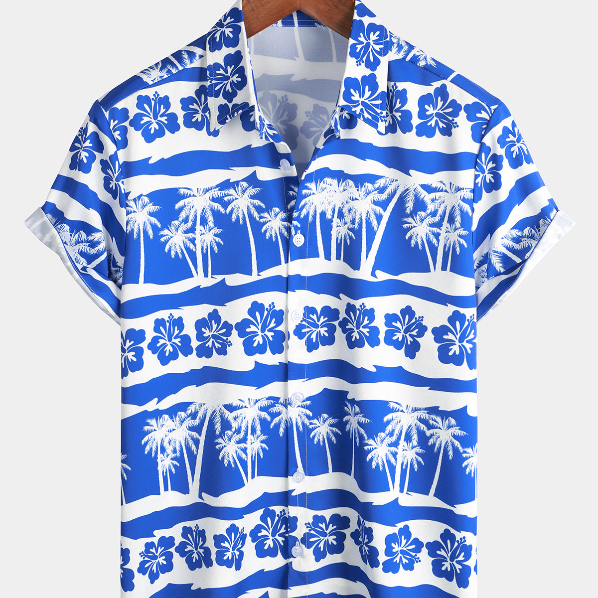 Camisa de manga corta hawaiana vintage con botones azules y estampado de palmeras y flores tropicales para hombre
