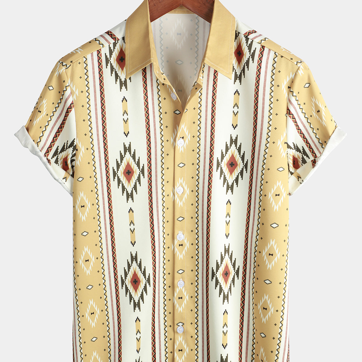 Camisa vintage con botones y estampado azteca retro de manga corta a rayas verticales de los años 70 para hombre