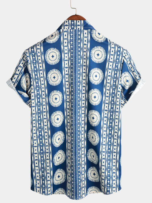 Men's Navy Blue Boho Vertical Striped 50s Vintage Print Bowling Style Button Up Short Sleeve Shirt