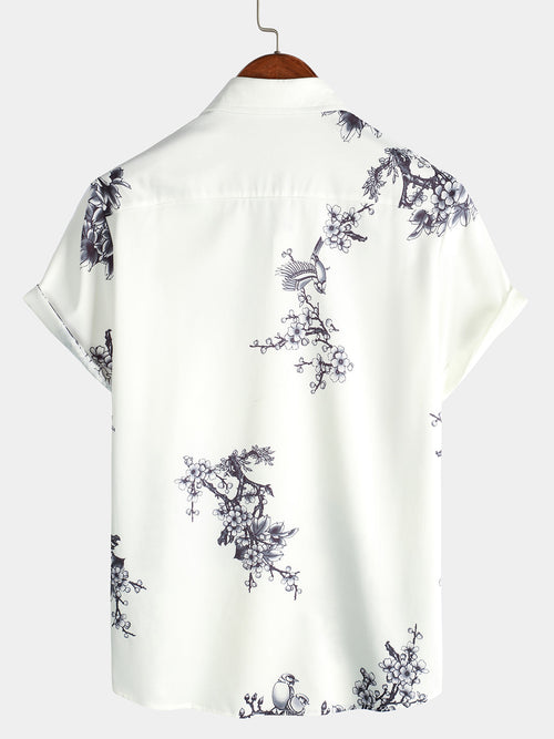 Men's Grey Flower Floral Print Button Up Vacation Short Sleeve Casual Resort Shirt
