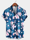 Men's Floral Print Button Up Casual Lapel Navy Blue Short Sleeve Resort Summer Shirt