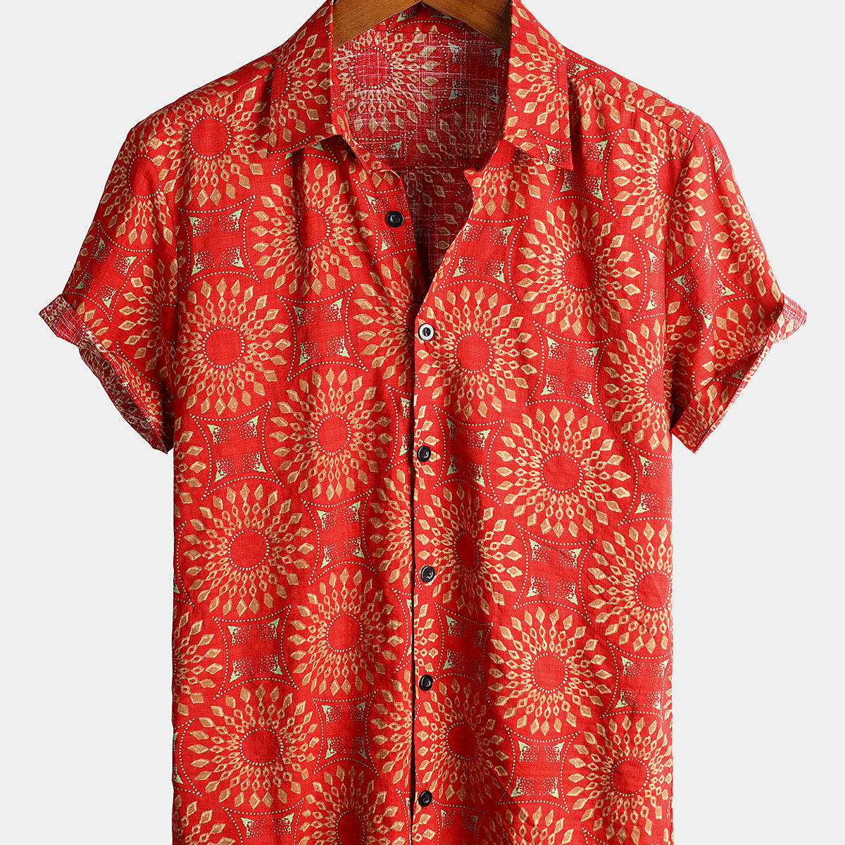 Men's Vintage Short Sleeve Cotton Boho 70s Leisure Button Up Hawaiian Shirt