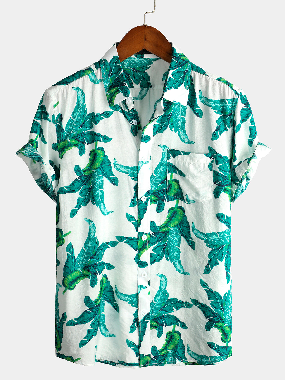 Men's Tropical Leaf Print Pocket Casual Shirt