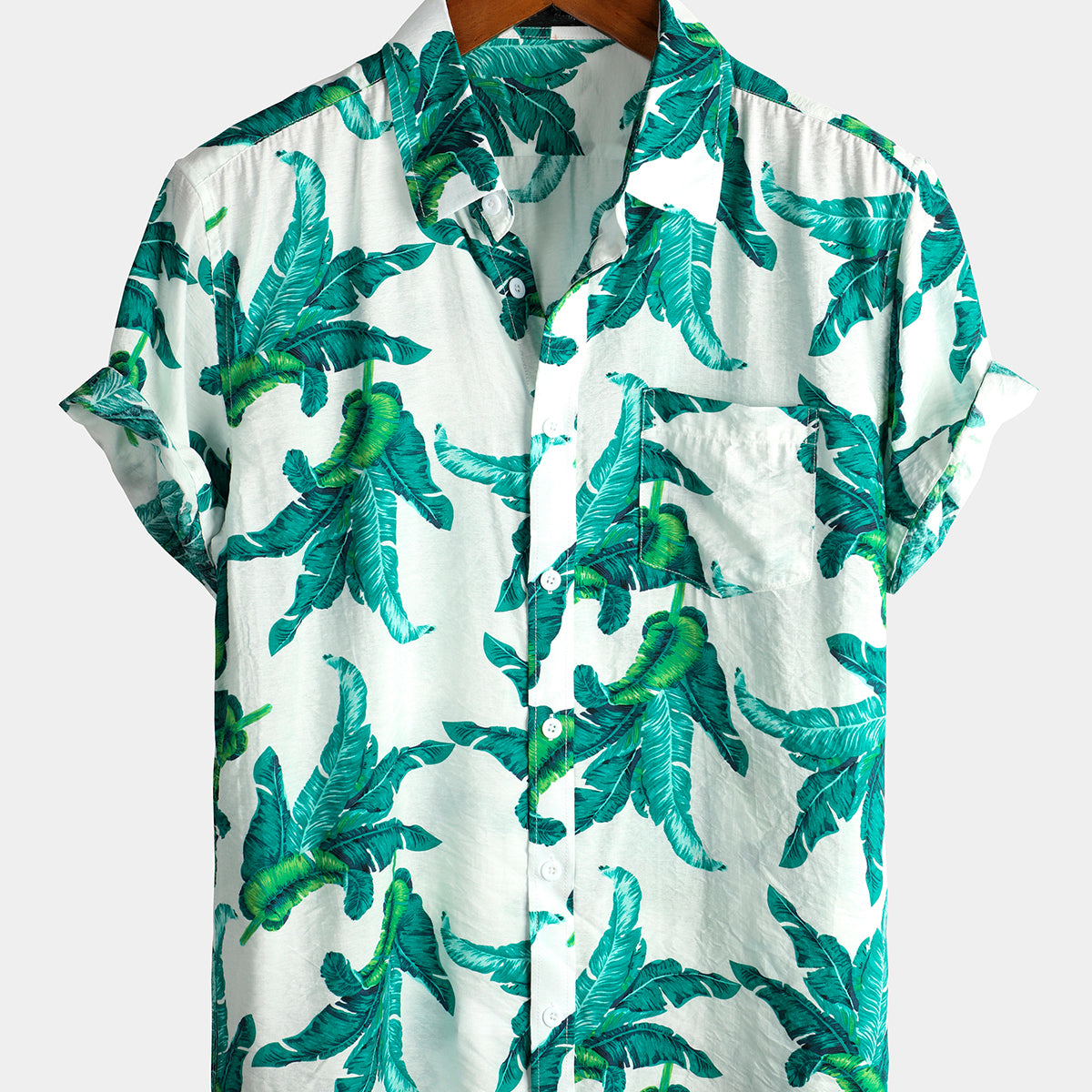 Men's Tropical Leaf Print Pocket Casual Shirt