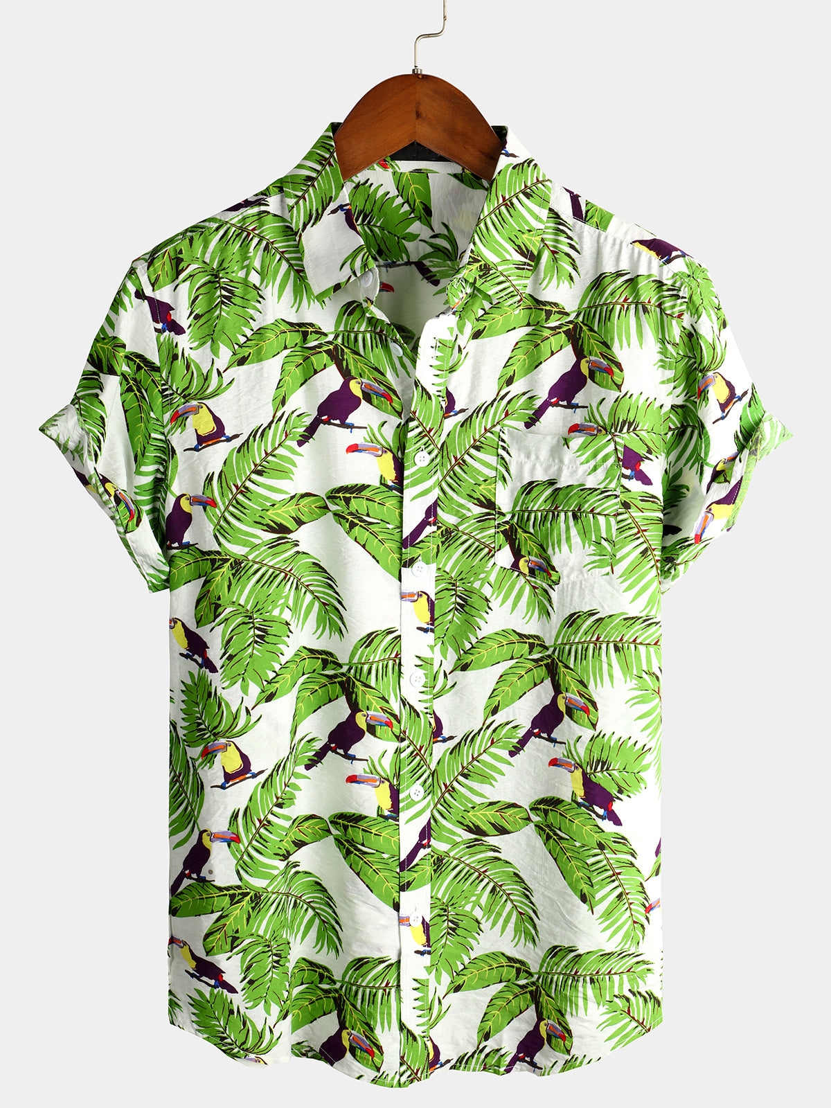 Men's Tropical Leaf Parrot Print Pocket Casual Shirt