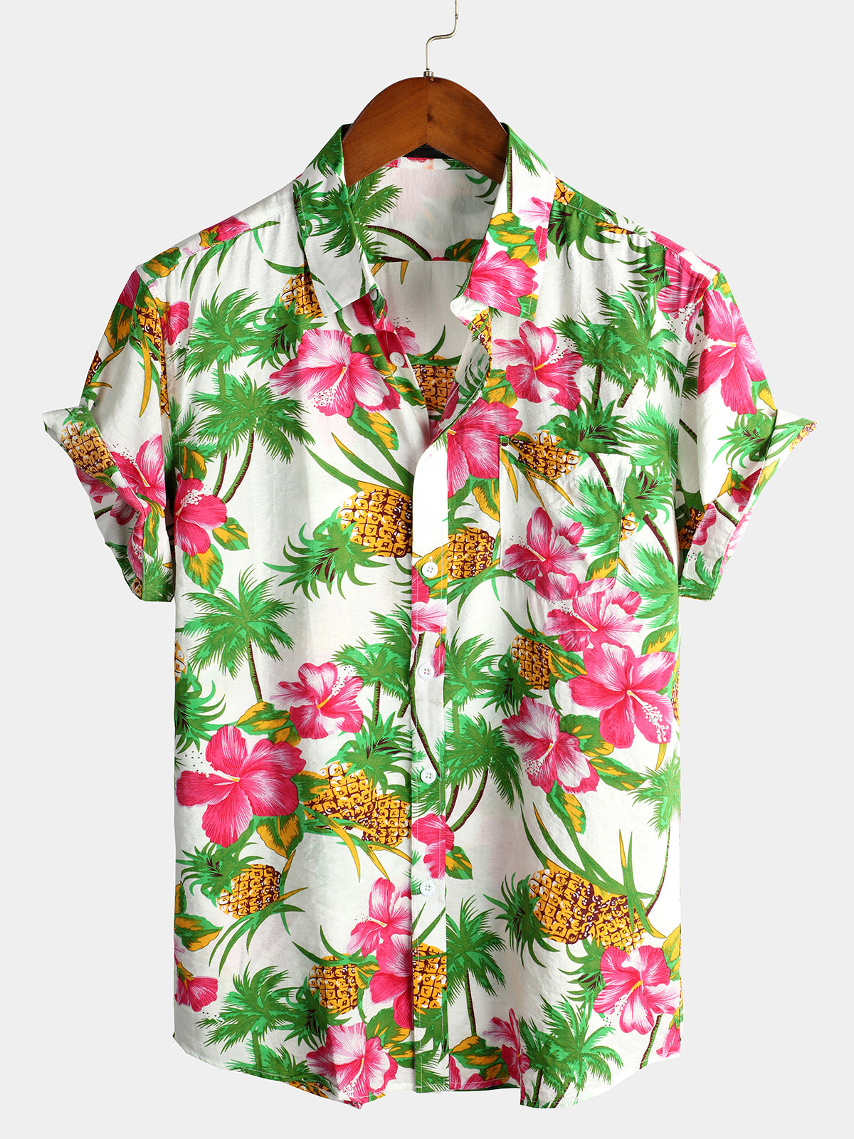 Men's Flower Pineapple Print Holiday Cotton Pocket Shirt