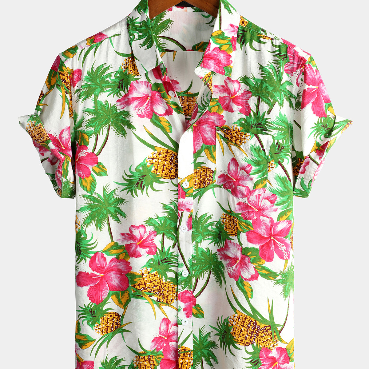 Men's Flower Pineapple Print Holiday Cotton Pocket Shirt