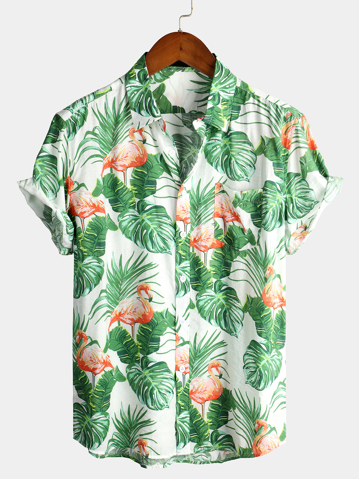 Men's Tropical Leaves Flamingo Print Beach Pocket Shirt