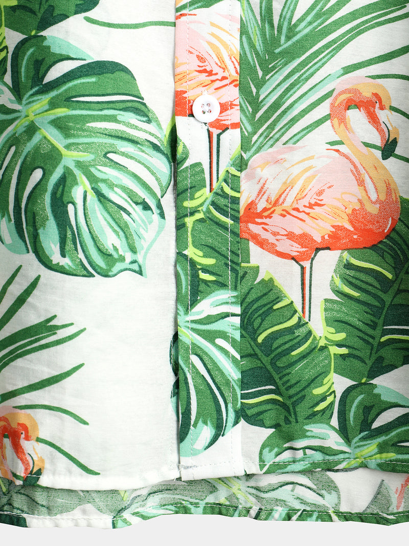 Men's Tropical Leaves Flamingo Print Beach Pocket Shirt