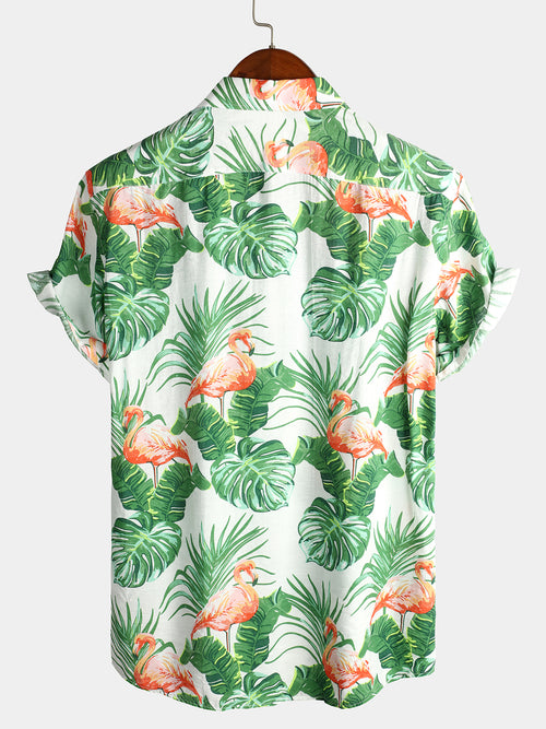 Men's Tropical Leaves Flamingo Print Beach Pocket Shirt