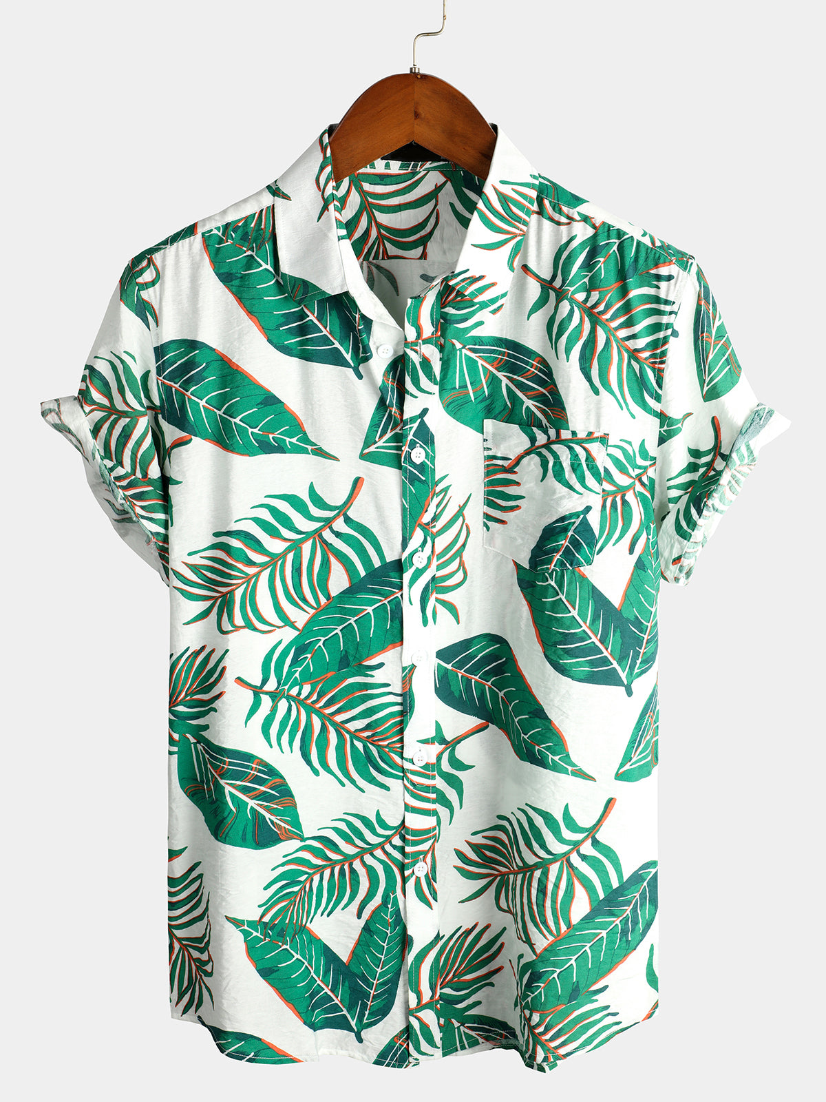 Men's Tropical Leaves Print Pocket Casual Shirt