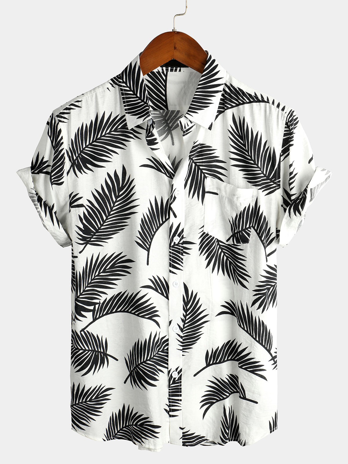 Men's Red Tropical Leaf Print Pocket Short Sleeve Shirt