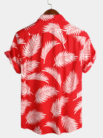 Men's Red Tropical Leaf Print Pocket Short Sleeve Shirt