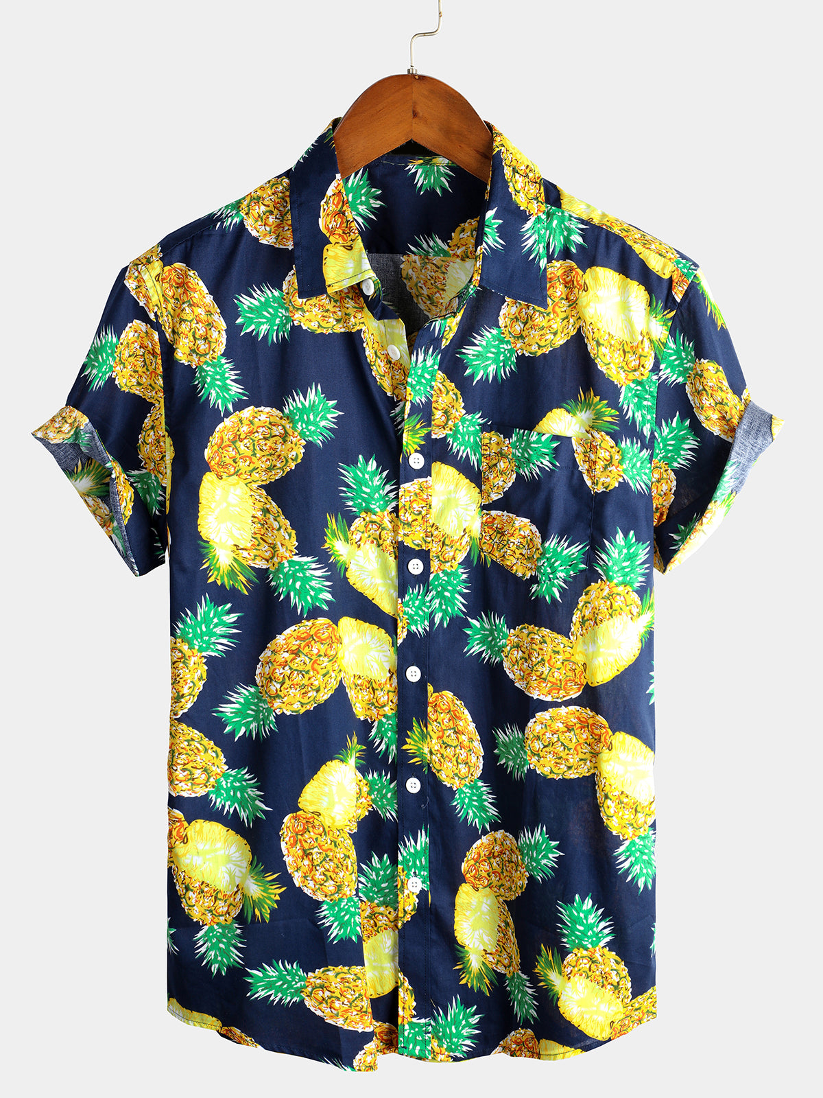 Men's Pink Pineapple Print Holiday Cotton Pocket Shirt