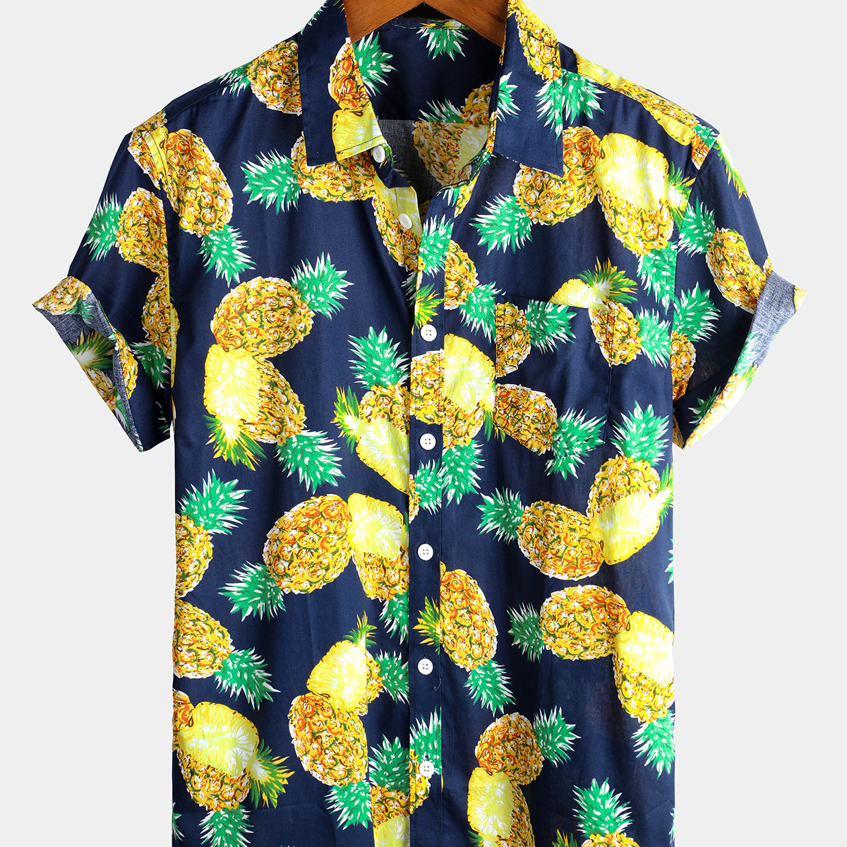 Men's Pink Pineapple Print Holiday Cotton Pocket Shirt