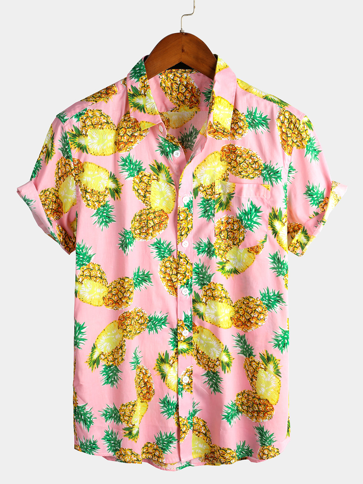 Men's Pink Pineapple Print Holiday Cotton Pocket Shirt