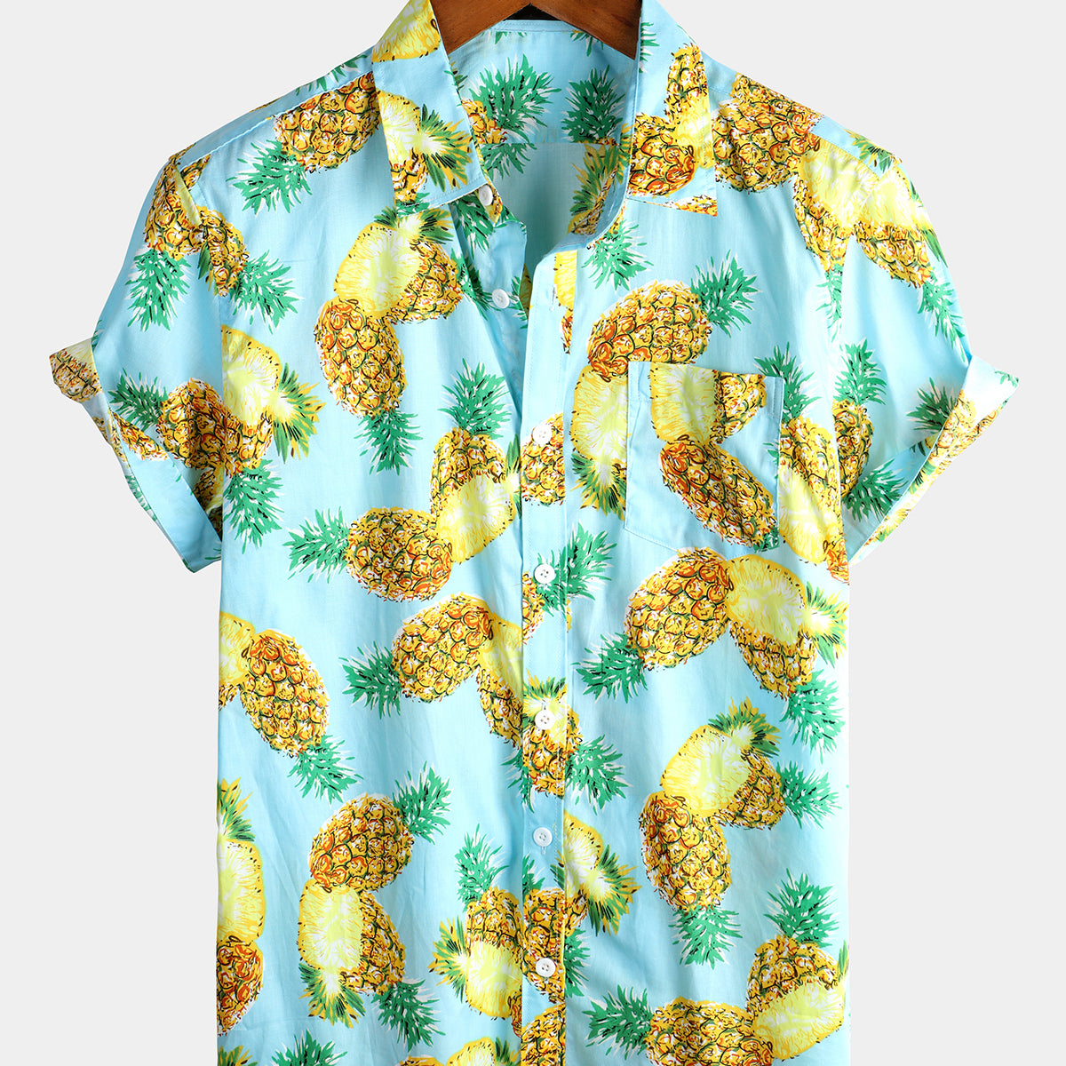 Men's Pink Pineapple Print Holiday Cotton Pocket Shirt