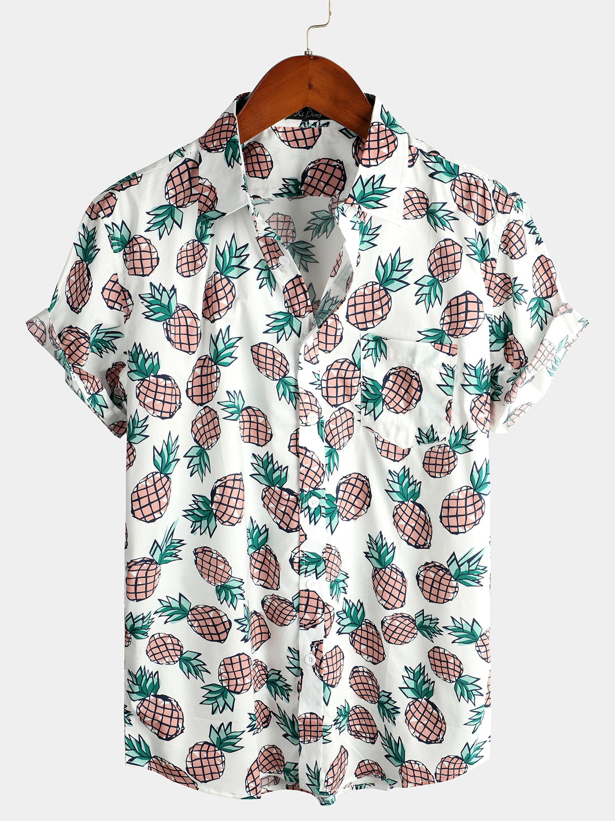 Men's Pineapple Print Hawaiian Cotton Pocket Shirt