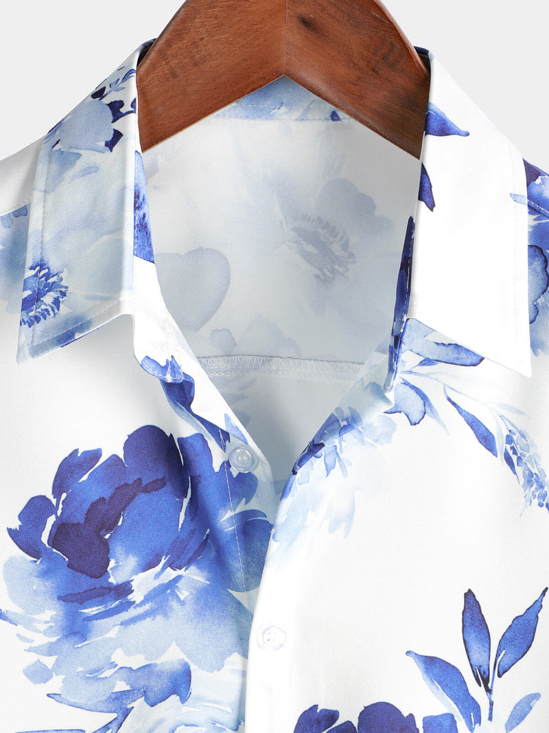 Men's Blue Floral Rose Flower Print Button Up Hawaiian Summer Short Sleeve Shirt
