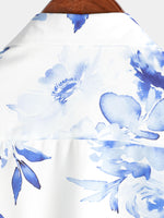 Men's Blue Floral Rose Flower Print Button Up Hawaiian Summer Short Sleeve Shirt