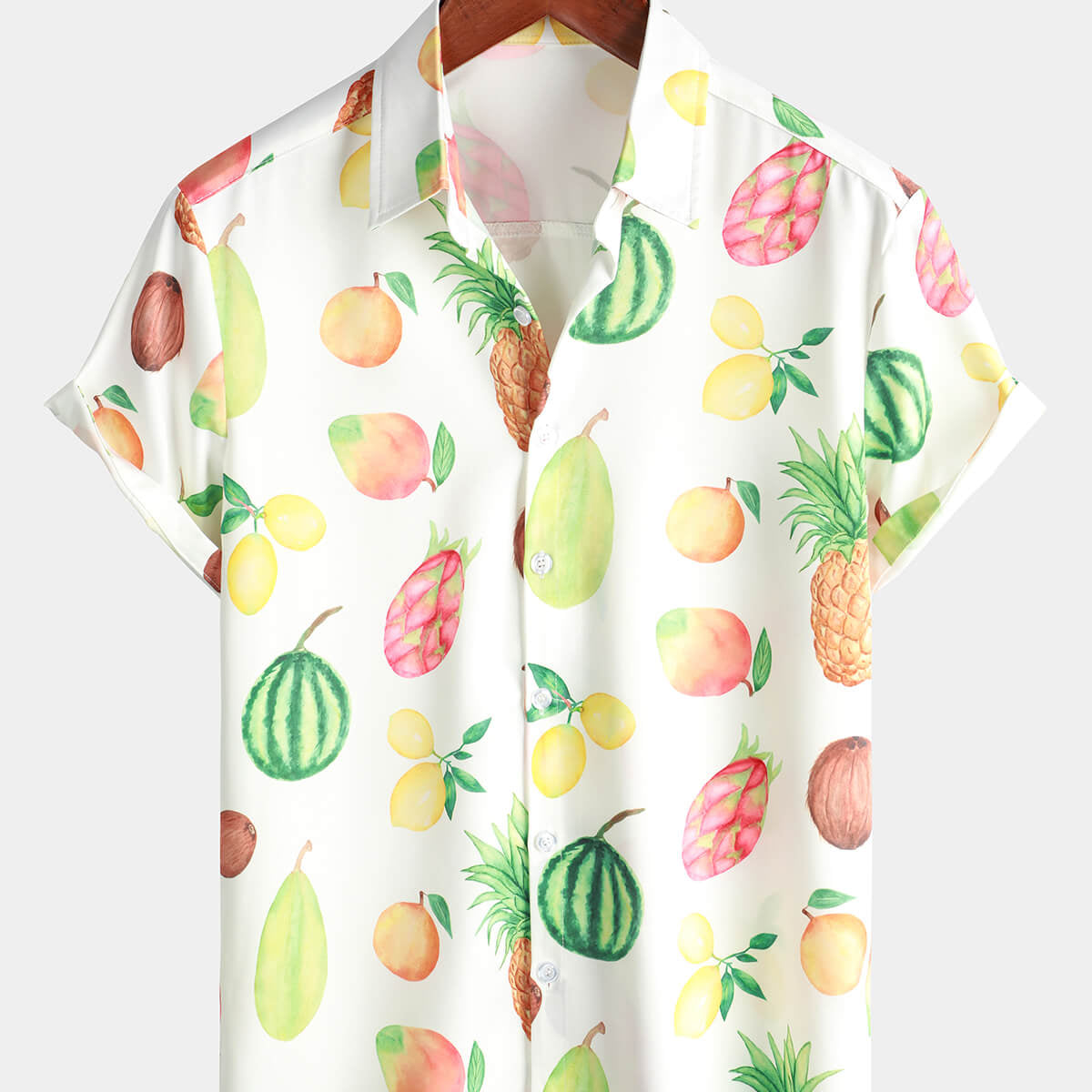 Camisa hawaiana de manga corta con botones y estampado de piña y limón de fruta y sandía para hombre
