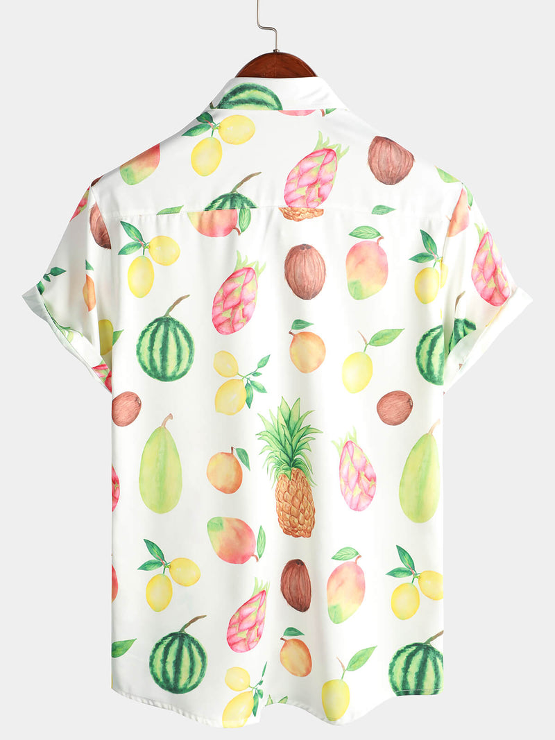 Men's Fruit Watermelon Lemon Pineapple Print Button Up Hawaiian Short Sleeve Shirt