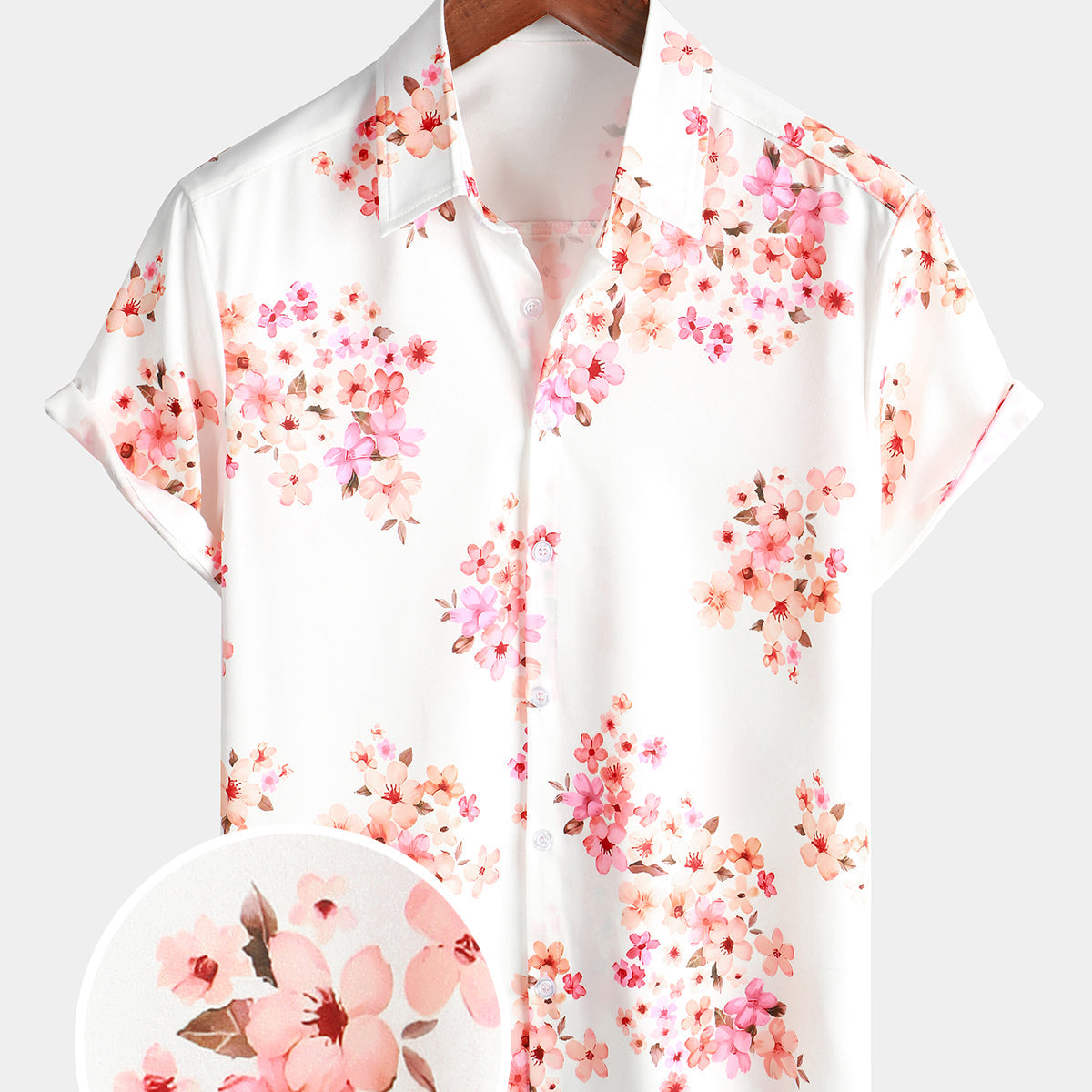 Camisa hawaiana con botones y flores de cerezo rosa de manga corta con estampado floral para hombre