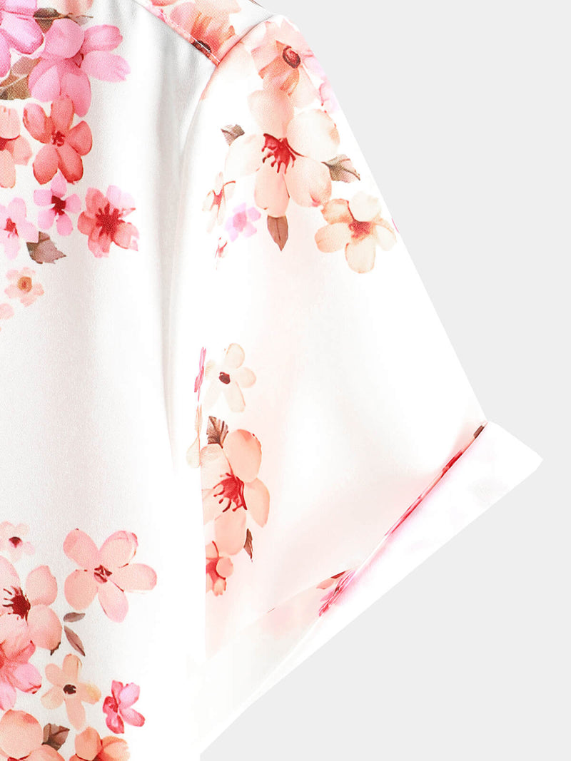 Men's Floral Print Short Sleeve Pink Cherry Blossoms Flower Button Up Hawaiian Shirt