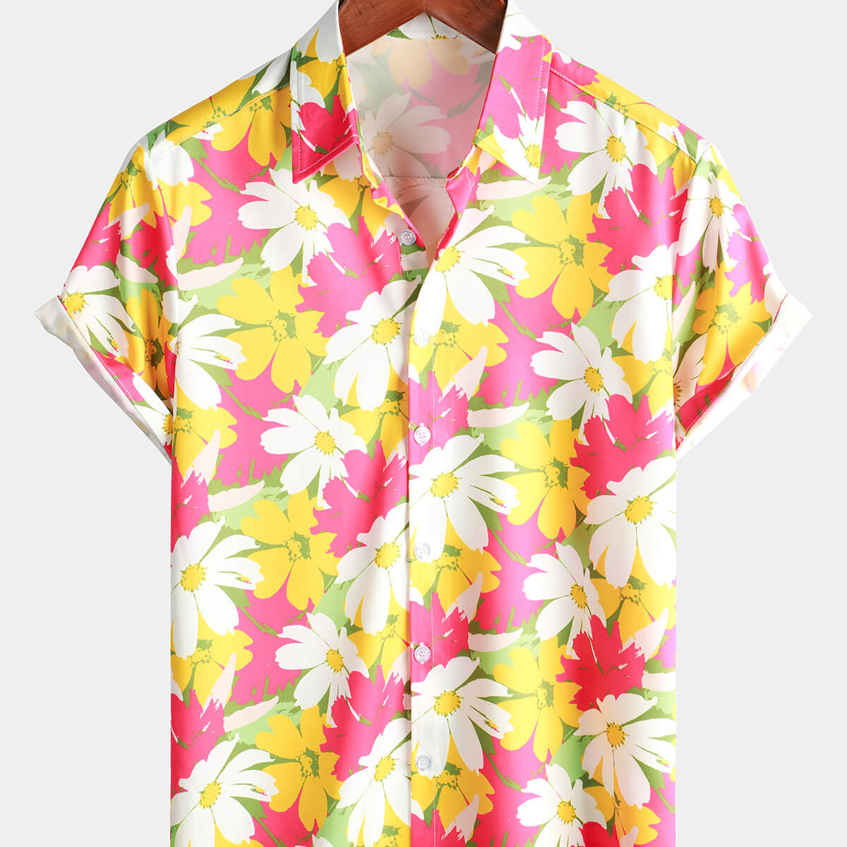 Camisa hawaiana con botones de playa de manga corta con estampado floral de flores amarillas y rosas para hombre