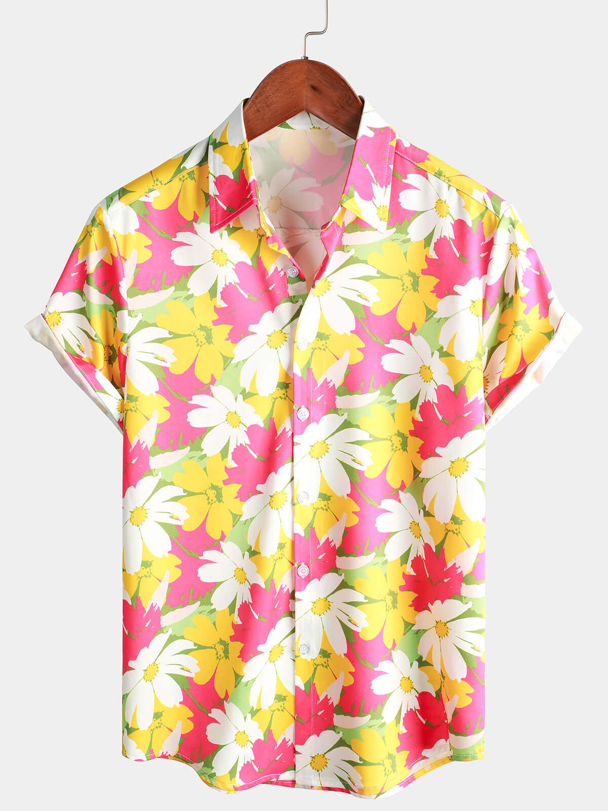 Men's Floral Print Yellow and Pink Flower Short Sleeve Beach Button Up Hawaiian Shirt