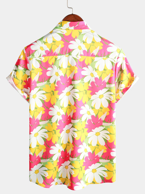 Men's Floral Print Yellow and Pink Flower Short Sleeve Beach Button Up Hawaiian Shirt