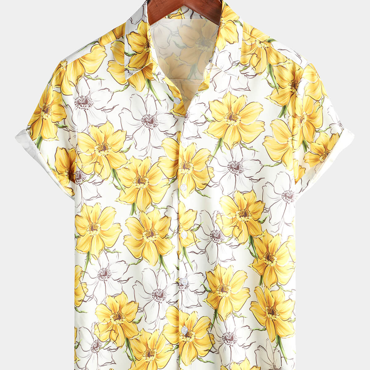 Camisa de playa de manga corta con botones y estampado floral amarillo informal para hombre
