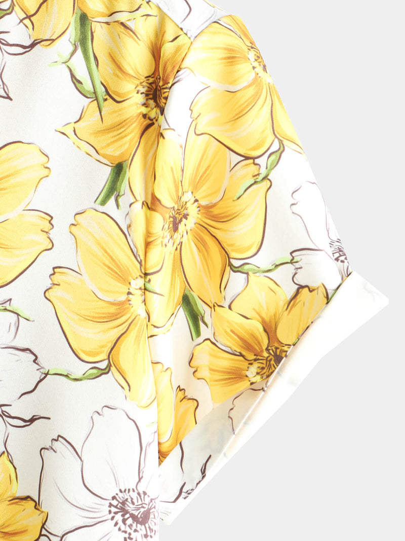 Men's Casual Yellow Floral Print Button Up Beach Hawaiian Art Flower Short Sleeve Beach Shirt
