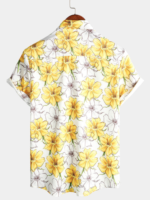 Men's Casual Yellow Floral Print Button Up Beach Hawaiian Art Flower Short Sleeve Beach Shirt