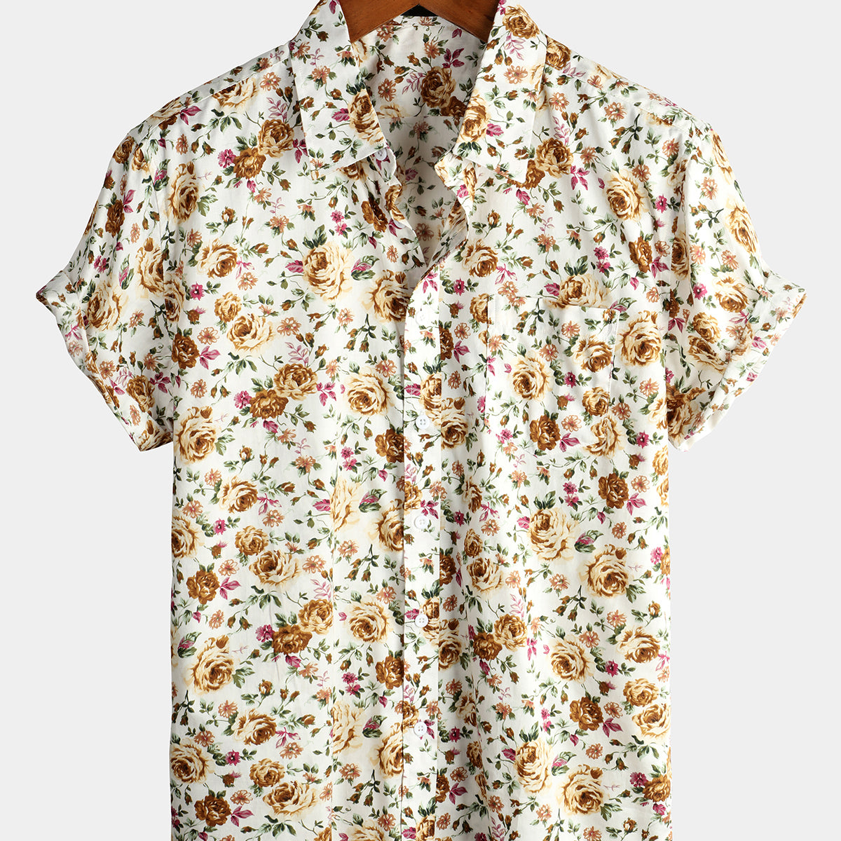 Men's Rose Cotton Pocket Short Sleeve Shirt