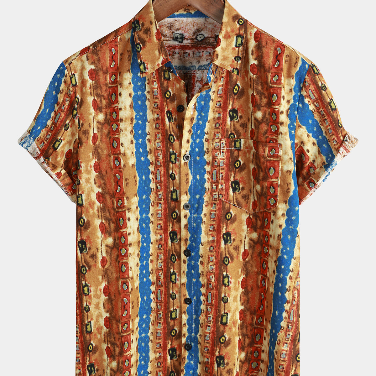 Men's Tribal Colorful Stripes Pocket Short Sleeve Shirt