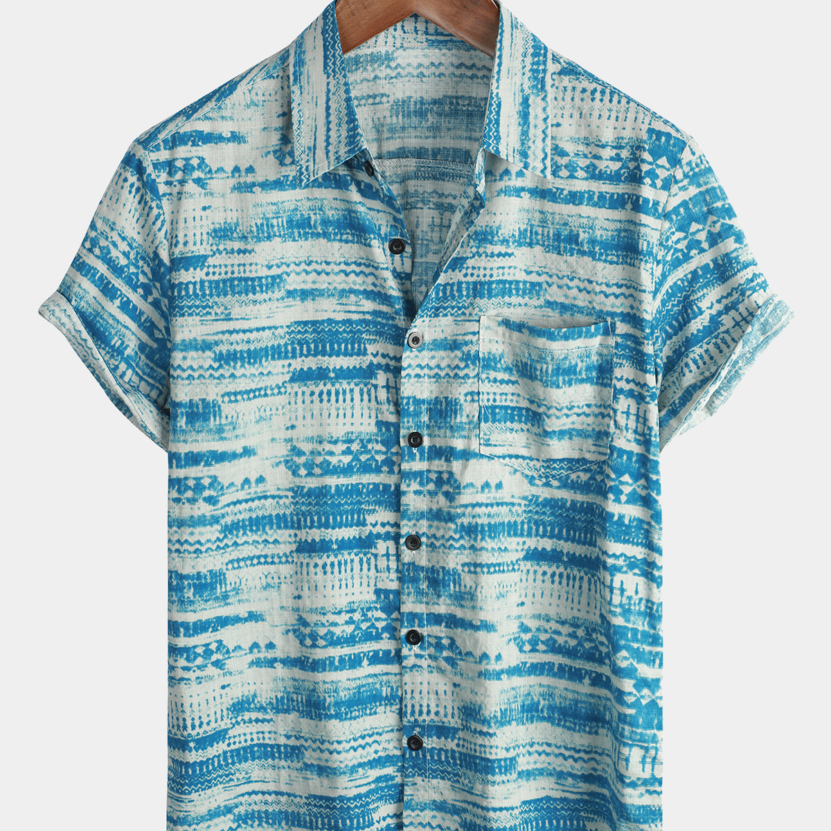 Men's Blue Vintage Pocket Holiday Summer Short Sleeve Button Shirt