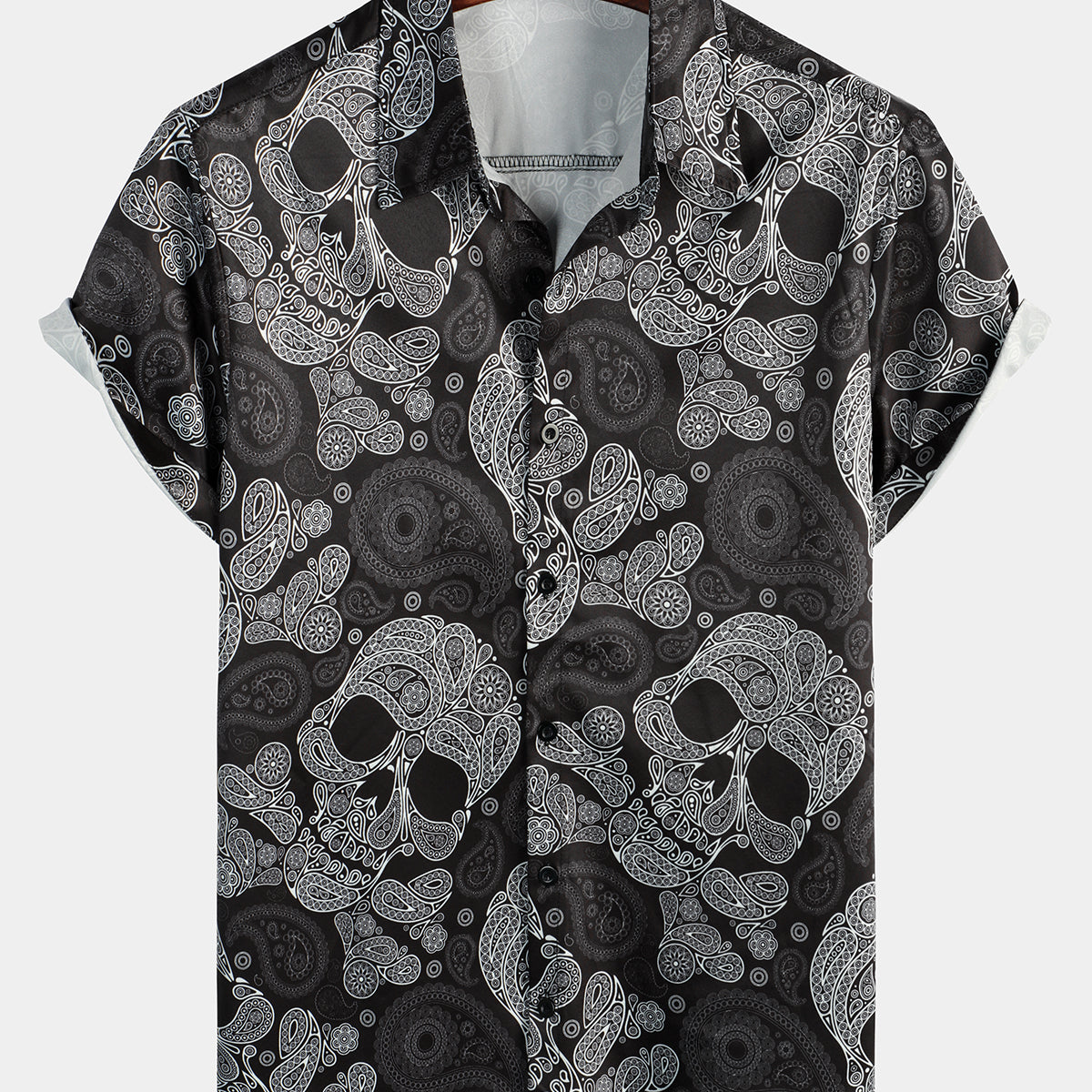 Men's Funny Black Skull Print Cool Paisley Button Up Punk Rock Short Sleeve Shirt