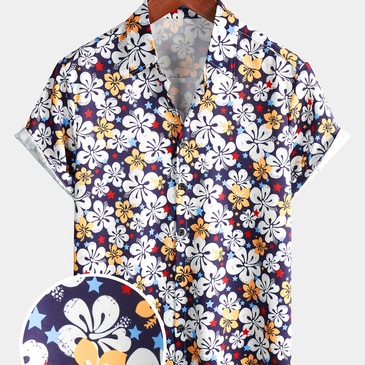Camisa de manga corta hawaiana vintage con botones y estampado de flores de hibisco para vacaciones florales para hombre
