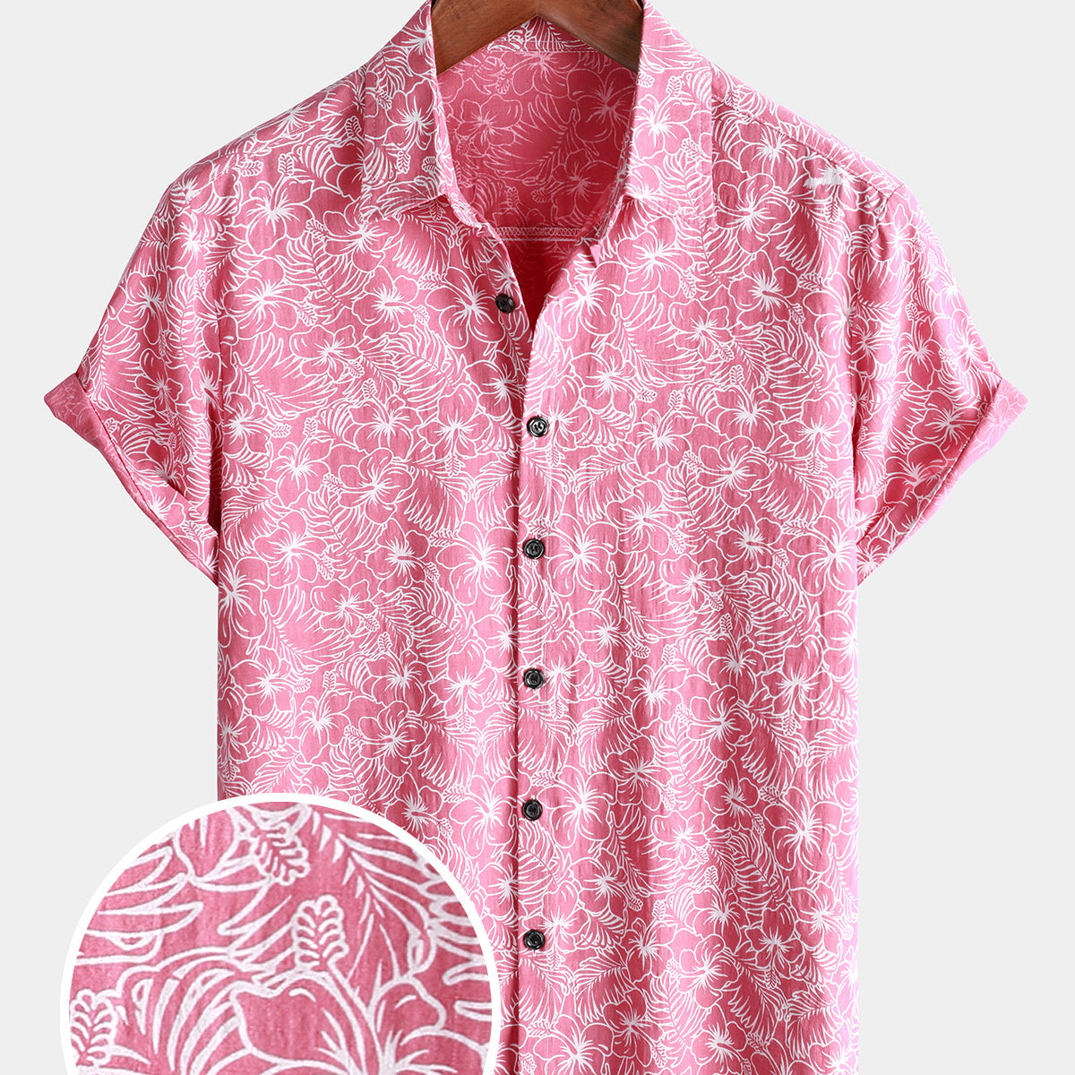 Camisa hawaiana de manga corta rosa con botones y estampado de flores navideñas de algodón para hombre