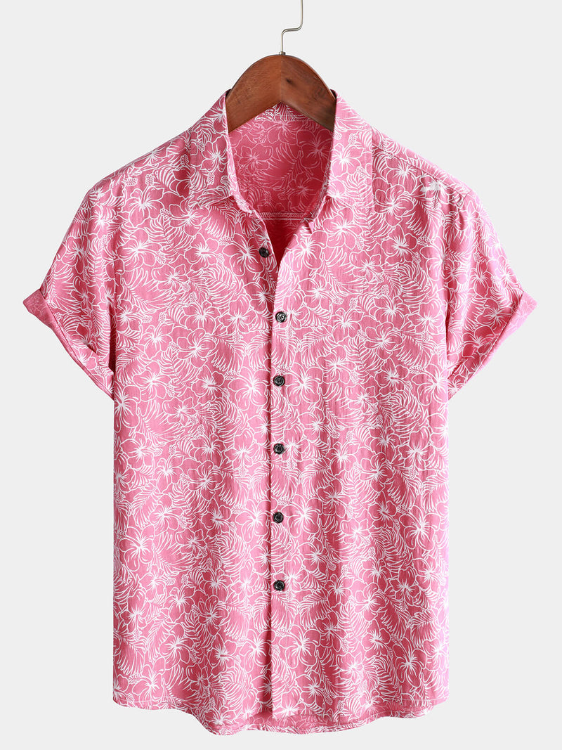 Bundle Of 4 | Men's Cotton Floral Holiday Flower Print Beach Pink Hawaiian Short Sleeve Shirts
