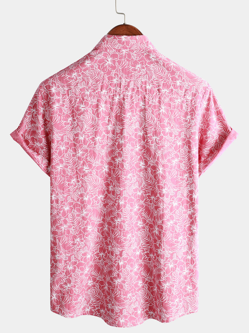 Bundle Of 4 | Men's Cotton Floral Holiday Flower Print Beach Pink Hawaiian Short Sleeve Shirts