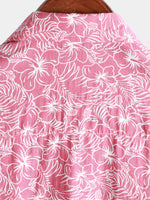 Men's Cotton Floral Holiday Flower Print Button Up Beach Pink Hawaiian Short Sleeve Shirt