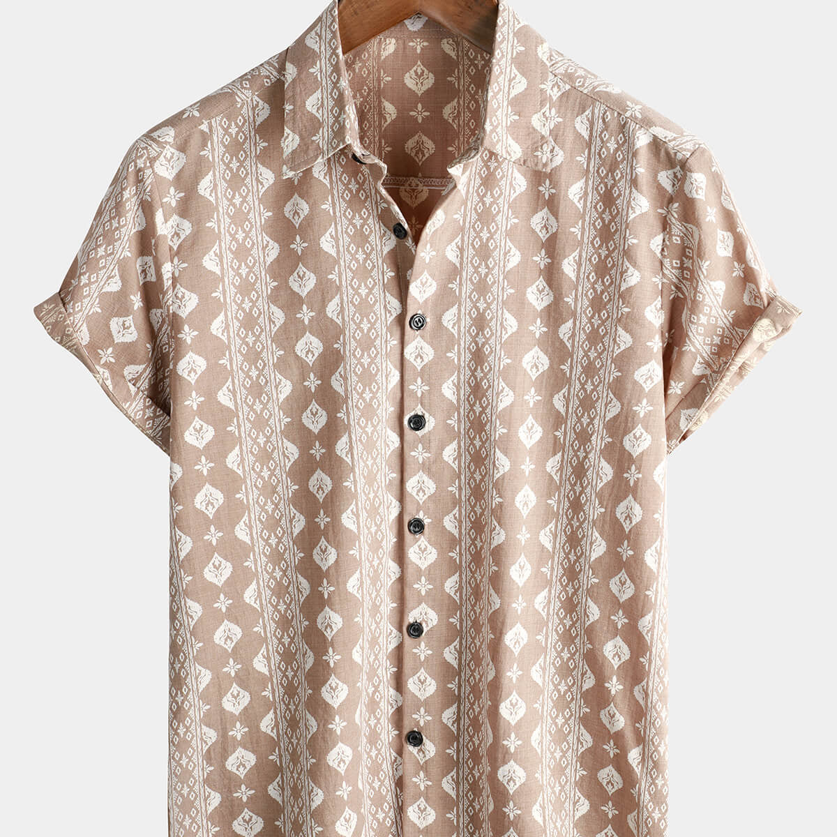 Camisa de manga corta vintage a rayas marrones de los años 70 con botones retro de algodón para hombre