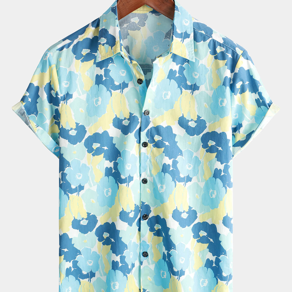 Camisa hawaiana de manga corta azul con botones y estampado de flores navideñas de algodón para hombre
