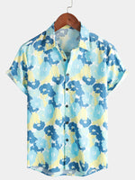 Men's Cotton Floral Holiday Flower Print Button Up Beach Blue Hawaiian Short Sleeve Shirt